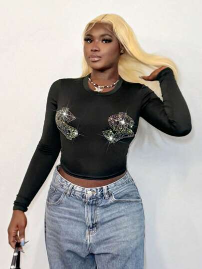 BamGleam Slim Fit Front Center Hot Stamped Diamond And US Dollar Printed Long Sleeve T-Shirt Fall Cloth For Women