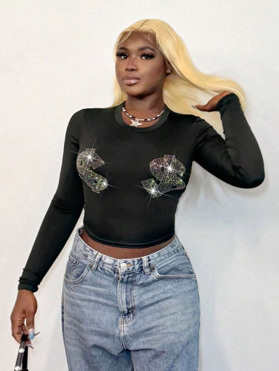 BamGleam 修身版型正面中央烫印钻石和美元印花长袖 T 恤 - 黑色 - 查看 1