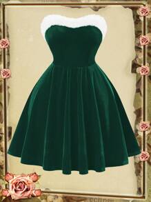 Allurite Plus Size Christmas Colorblock Fuzzy Patchwork Bandeau Dress - Dark Green - View 3