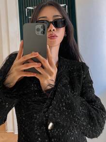 DAZY 1pc Women's Fitted Fuzzy Patchwork Blazer Jacket, Party Wear,Fall Clothes Business Attire - Black - View 7