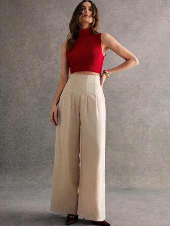 Poéselle Linnebyxor med hög midja och vida ben, kakifärgade byxor, extra långa vida byxor, enfärgade högmidjade, veckade, vida ben och lösa casualbyxor för kvinnor, höstkläder för kvinnor, tredimensionell skrädderi, enkelt mode, gammaldags stil, sirenkontor, lämplig för vardag, gata, pendling och andra tillfällen.