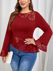 SHEIN Frenchy Plus Size Asymmetrical T-Shirt With French Minimalist Lace Patchwork, Black