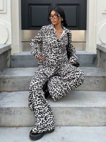 SHEIN EZwear 2 piezas/Set camisa de manga larga con estampado de leopardo casual y pantalones de pierna ancha, primavera y otoño - Caqui - Ver 4