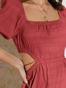 Travachic Đầm ngắn tay khoét sâu màu trơn đơn giản cho nữ - Màu đỏ tím - Xem 6