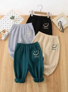 4pcs Baby Boys Colorful Smiling Face Knit Thermal Lined Warm Elastic Waist Ankle Cuff Pants, Suitable For Casual Wear, Outdoor, School, Fall/Winter Graphic - Multicolor - View 3