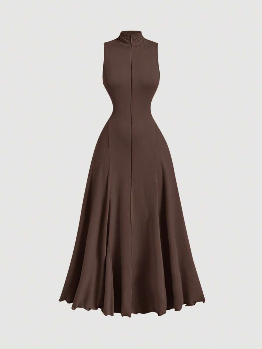 SHEIN MOD Vestido Longo Minimalista Sem Mangas de Gola Alta Liso Feminino, Uso Casual Diário - Castanho - Visão 1