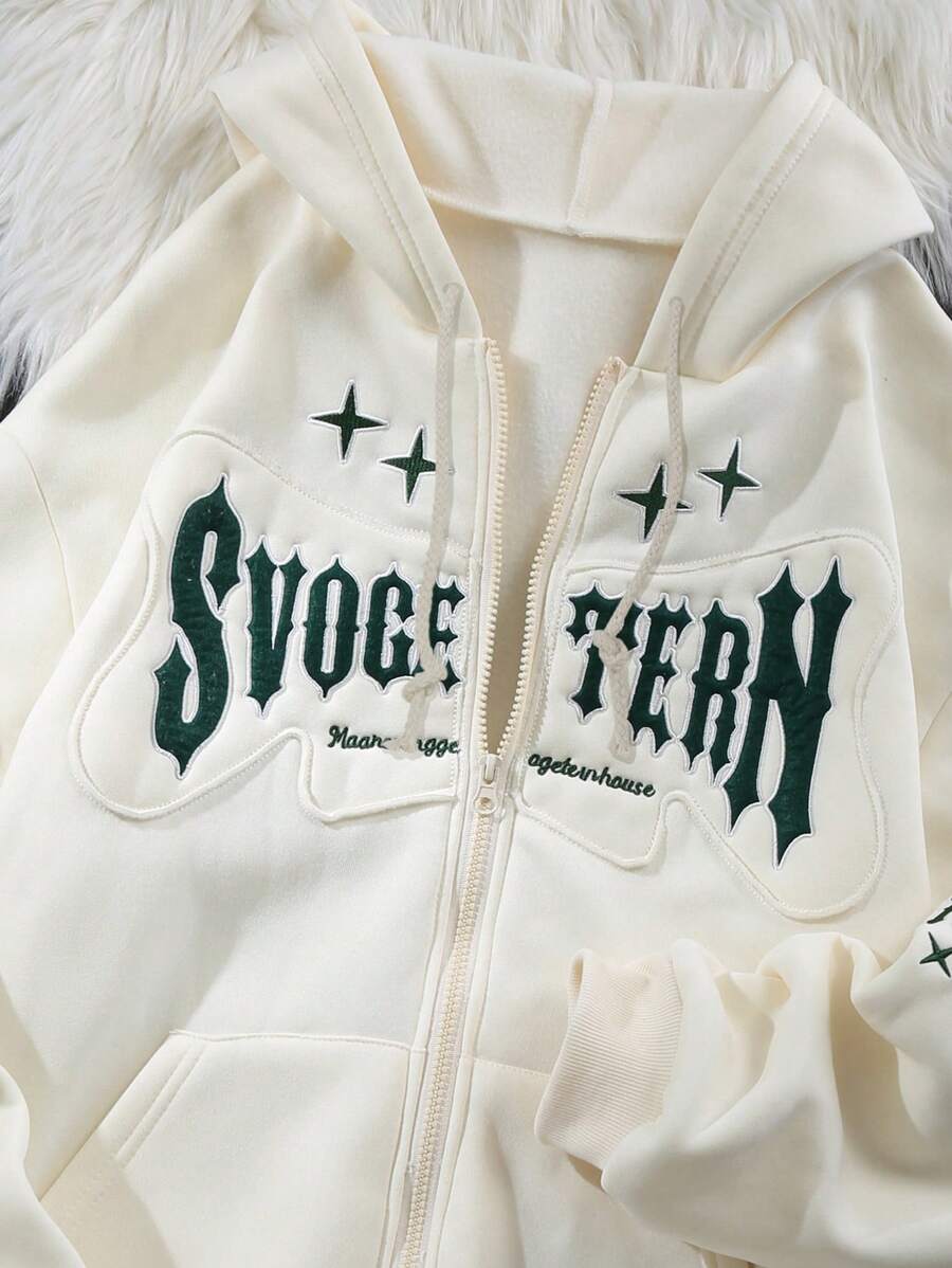 Lunelith SHEIN Lunessa Damen Hoodie mit Front-Reißverschluss, Buchstaben-Muster und hängenden Schultern im minimalistischen Stil