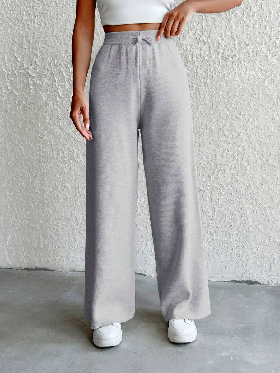 EURMUSE Women Drawstring Waist Loose Knitted Straight-Leg Pants, Casual For Daily Wear, Spring & Autumn ,Petite Women - Light Grey - View 1