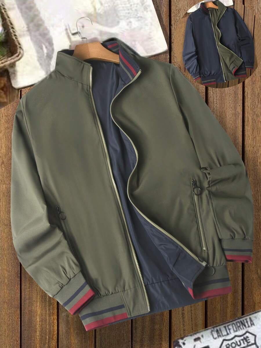 Manfinity Homme Áo khoác cổ đứng có túi khóa kéo hai mặt cỡ lớn cho nam, áo khoác nhẹ tay dài màu xanh lá cây mùa xuân/thu, quà tặng cho bạn bè, chồng, bạn trai - màu xanh lá - Xem 1