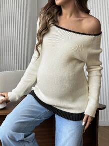SHEIN Maternity Asymmetrical Neck Color Block Trim Elegant Long Sleeve Sweater - Apricot - View 4