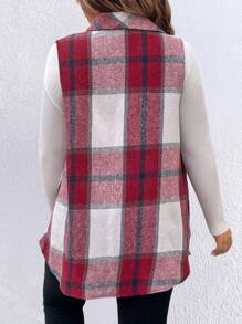 Calvaya Plus Size Button Front Sleeveless Faux Pocket Plaid Casual Jacket, For Winter Sleeveless Cardiganplaid Coat - Multicolor - View 2