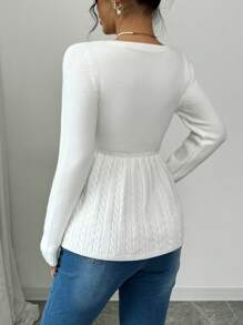 Selianne Women's Casual Daily Solid Color Square Neck Patchwork Cable Knit Sweater, Autumn/Winter, Long Sleeve Top Knit Pullover Fall - White - View 2