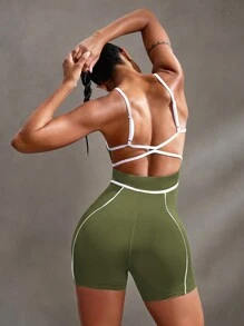 Powerista 撞色边露背吊带背心连体裤，无袖夏季运动装 - 軍綠色 - 查看 1