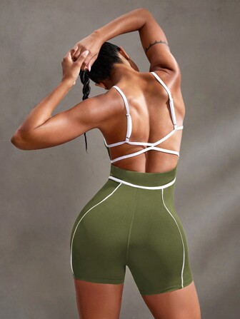 Powerista 撞色边露背吊带背心连体裤，无袖夏季运动装