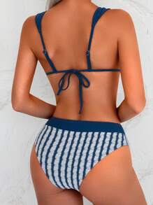 Women Textured Striped Fabric Thick Strap Sexy Bikini Set Summer