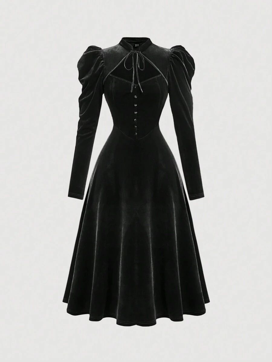 SHEIN MOD 旗袍领蝴蝶结点缀黑色天鹅绒羊腿袖连衣裙 - 黑色 - 查看 1