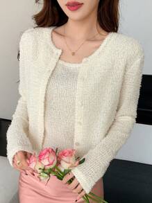 DAZY Bộ 2 áo cardigan ngắn màu trơn và áo hai dây dành cho nữ, trang phục mùa thu - Màu be - Xem 7