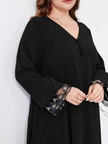 Al Najma Elegancka sukienka z koronką patchworkową w dużych rozmiarach, wiosna i jesień, skromne długie rękawy, swobodne sukienki maxi w stylu arabskim, na wieczorne przyjęcie/wesele/rocznicę/codziennie, kaftan - Czarne - Zobacz 1