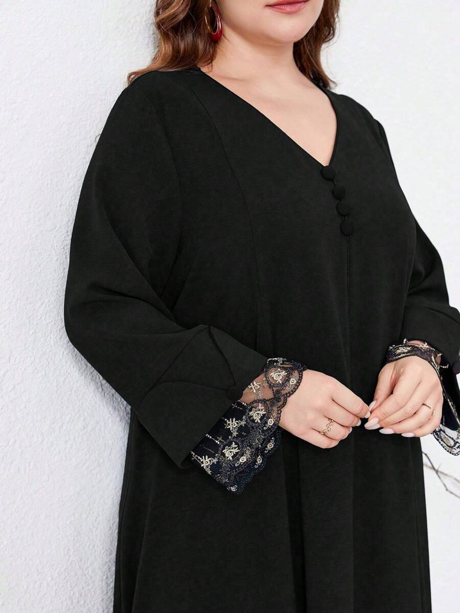 Al Najma Elegancka sukienka z koronką patchworkową w dużych rozmiarach, wiosna i jesień, skromne długie rękawy, swobodne sukienki maxi w stylu arabskim, na wieczorne przyjęcie/wesele/rocznicę/codziennie, kaftan - Czarne - Zobacz 1