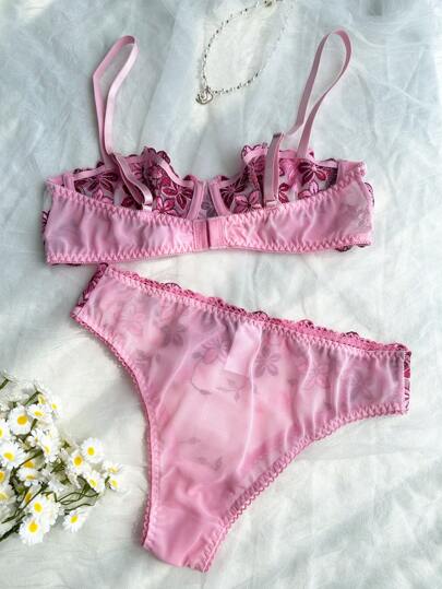 Romantic Geborduurde Doorschijnende Kanten Verleidelijke BH Slipje Lingerie Set view 2