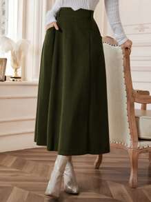 Modelyn 女士休闲纯色双口袋喇叭裙，秋季 - 軍綠色 - 查看 6