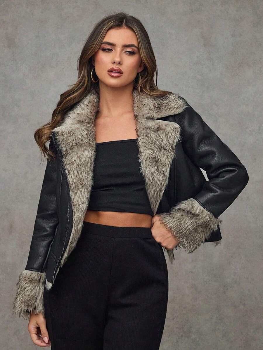 SHEIN BAE Women's Solid Color Fluffy Faux PU Leather Metal Zipper Retro Coat, Winter Autumn Fashion Outing Versatile Concert Fashionable And Warm Coat, Suitable For Parties And Outings/ Christmas/Thanksgiving - Black - View 1