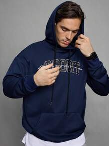 Manfinity Sport Corelite Boyfriend Style Men's Letter Print Drawstring Hooded Casual Sport Sweatshirt - Navy Blue - View 5