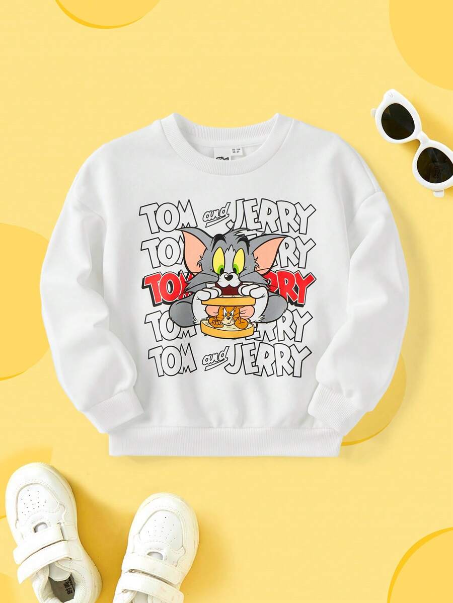 TOM & JERRY X SHEIN Sudadera holgada de cuello redondo con estampado de dibujos animados y letras, adecuada para primavera y otoño, para niños pequeños - Blanco - Ver 1