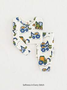 Cozy Pixies 2pcs/Set Baby Boy Cartoon Car Print Snug Fit Pajama Set - Soft Knit Round Neck Long Sleeve Top And Pants, Suitable For Spring, Summer, Autumn