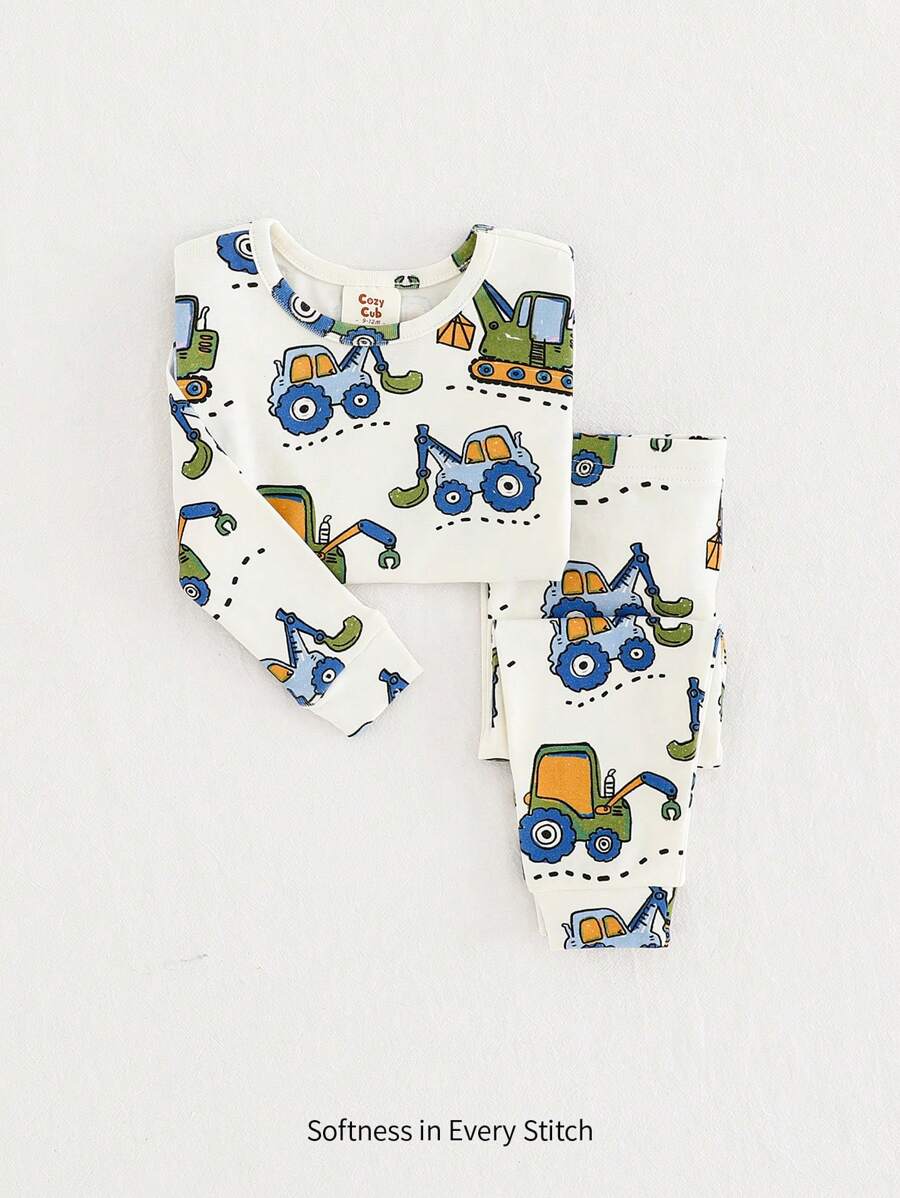 Cozy Pixies 2pcs/Set Baby Boy Cartoon Car Print Snug Fit Pajama Set - Soft Knit Round Neck Long Sleeve Top And Pants, Suitable For Spring, Summer, Autumn