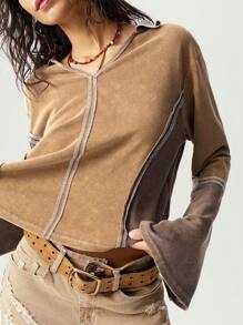 Bohemela Vrouwen effen kleur patchwork lange mouwen rits voorkant casual T-shirt