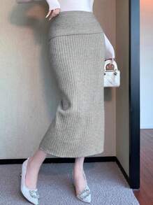 DAZY Women's Elegant Solid Color Bodycon Sweater Skirt, Autumn/Winter - Light Grey - View 9