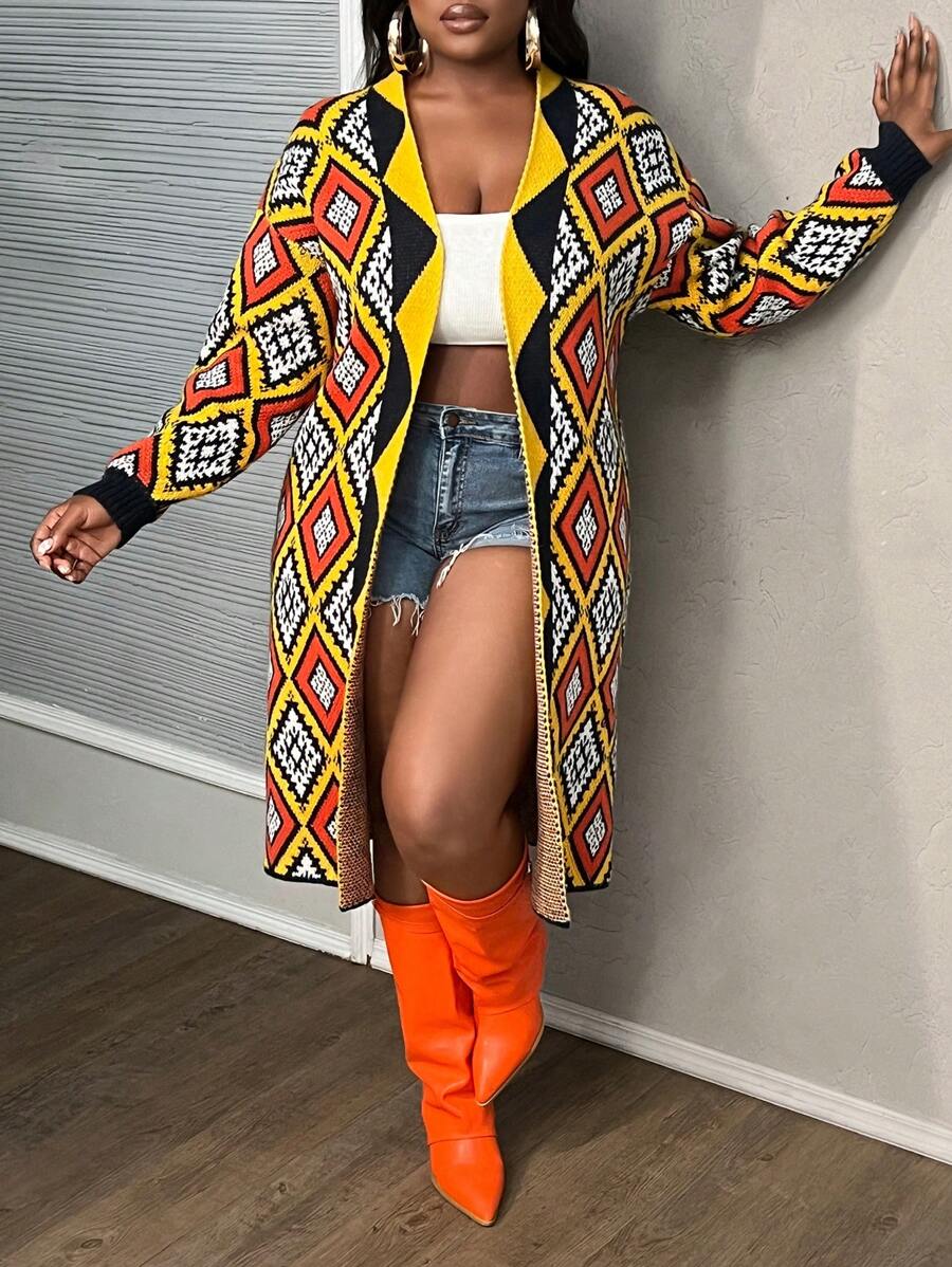 Slaydiva Plus Size Minimalist Pattern Detail Long Sleeve Casual Jacket, For Everyday Wear In Fall/Winter - Multicolor - View 1