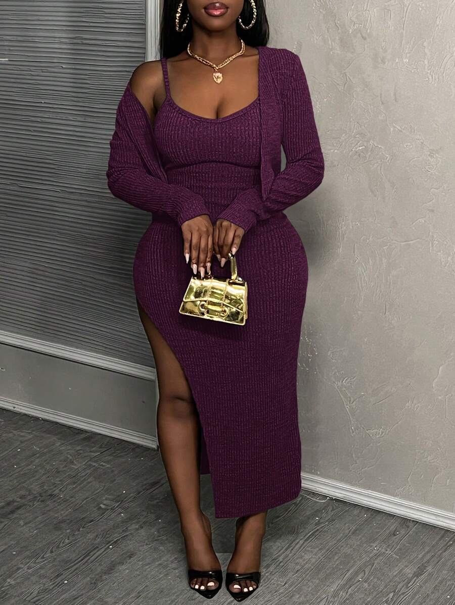 Slaydiva 2pcs Women Casual Street High Slit Ribbed Solid Color Spaghetti Strap Midi Dress - H - Purple - View 1