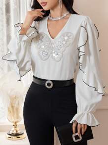 Modelyn Blusa elegante de mujer con volantes, decoración de perlas falsas y mariposa, para otoño