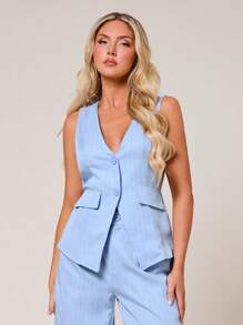 SHEIN SXY 秋冬蓝色条纹纽扣背心女式外套 - 藍色 - 查看 4