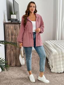 SHEIN LUNE 大码纯色前拉链长袖连帽运动衫，带口袋，简约设计 - 珊瑚粉 - 查看 6