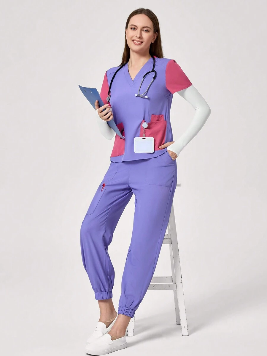 TaskEZ Women's Contrast Color V-Neck Top And Pants Uniform Scrub Set - Purple - View 1