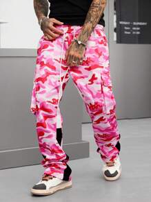 Manfinity EMRG Pantalón de chándal de pierna recta holgada con cintura con cordón y bolsillo plegable con estampado de camuflaje, estilo de moda urbana para hombres