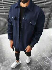 Manfinity Homme Áo khoác nam cài nút hở phía trước, phong cách tối giản cho người hướng ngoại, quần áo mùa thu - Màu xanh hải quân - Xem 1