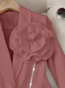 SHEIN Clasi 女士优雅花卉装饰立领长袖上衣和裤子两件套西装套装，秋季新年服装 - 玫瑰紅 - 查看 4