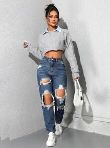 Jeanoix Jeans vaqueros ajustados con efecto desgastado informal - Azul lavado oscuro - Ver 5