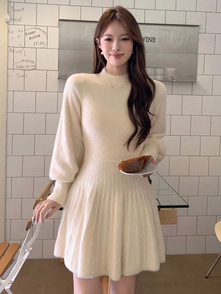 1pc Women Solid Color Stand Collar Short Knitted Long Sleeve Sweater Dress, Autumn/Winter,Fall Women Clothes