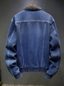 Manfinity Homme Men Deep Blue Washed Denim Padded Casual Loose Baseball Jacket - Light Wash - View 2