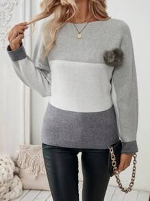 SHEIN LUNE Damen Grauer Kontrast Rundhals Fledermausärmel mit Fellbällen Dicker, warmer, weicher Pullover Strickpullover Herbst Winter - Grau - Übersicht 4