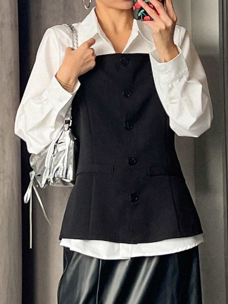 2pcs Women Single-Breasted Long Sleeve Shirt & Single-Breasted Camisole Set, Solid Color For Autumn,Fall Women Clothes