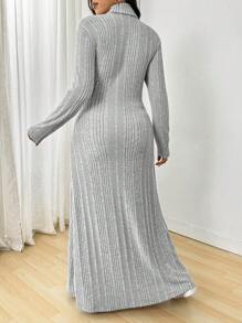 SHEIN EZwear Váy cổ lọ tay dài viền đuôi cá bo gấu cỡ lớn cho nữ, màu xám, mùa thu - Xám - Xem 2