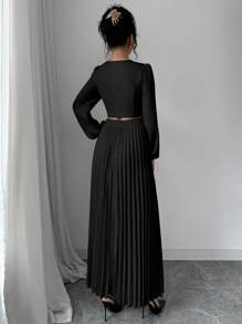 Elenzga Women Solid Color Round Neck Long Sleeve Top & Pleated Hem Skirt 2 Pieces Set, Elegant
