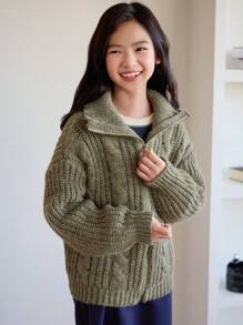 DAZY Tween 女童纯色落肩长袖前拉链休闲宽松开衫，秋冬 - 綠色 - 查看 4