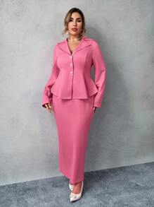 Flirla 2pcs/Set Plus Size Cinched Waist Ruffle Hem Shirt And Skirt Set - Hot Pink - View 5